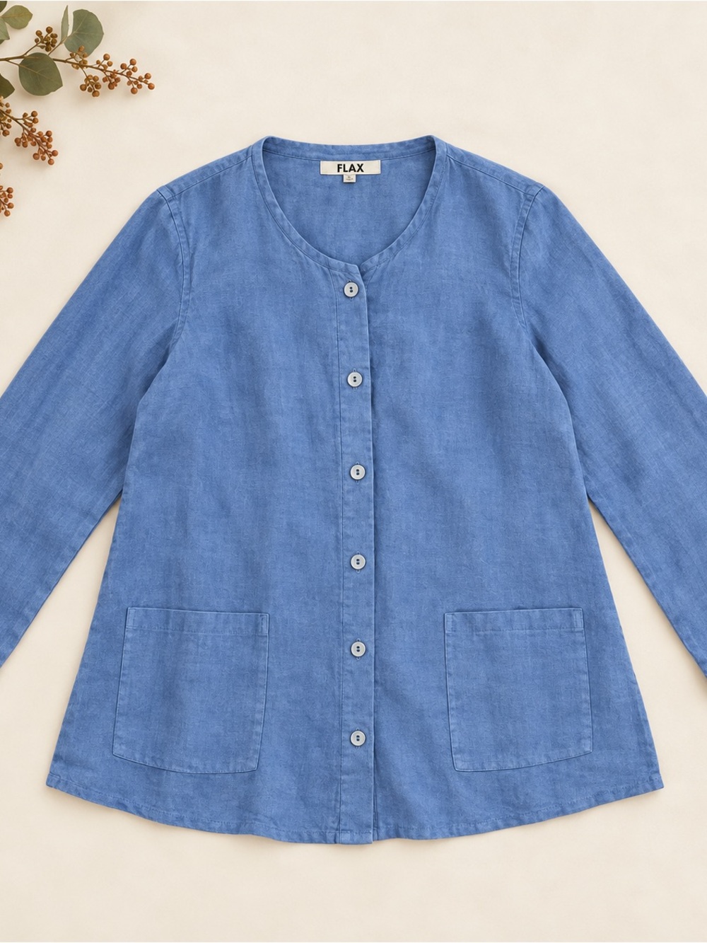 FLAX 100% Line Blue Button-Front Shirt/Jacket